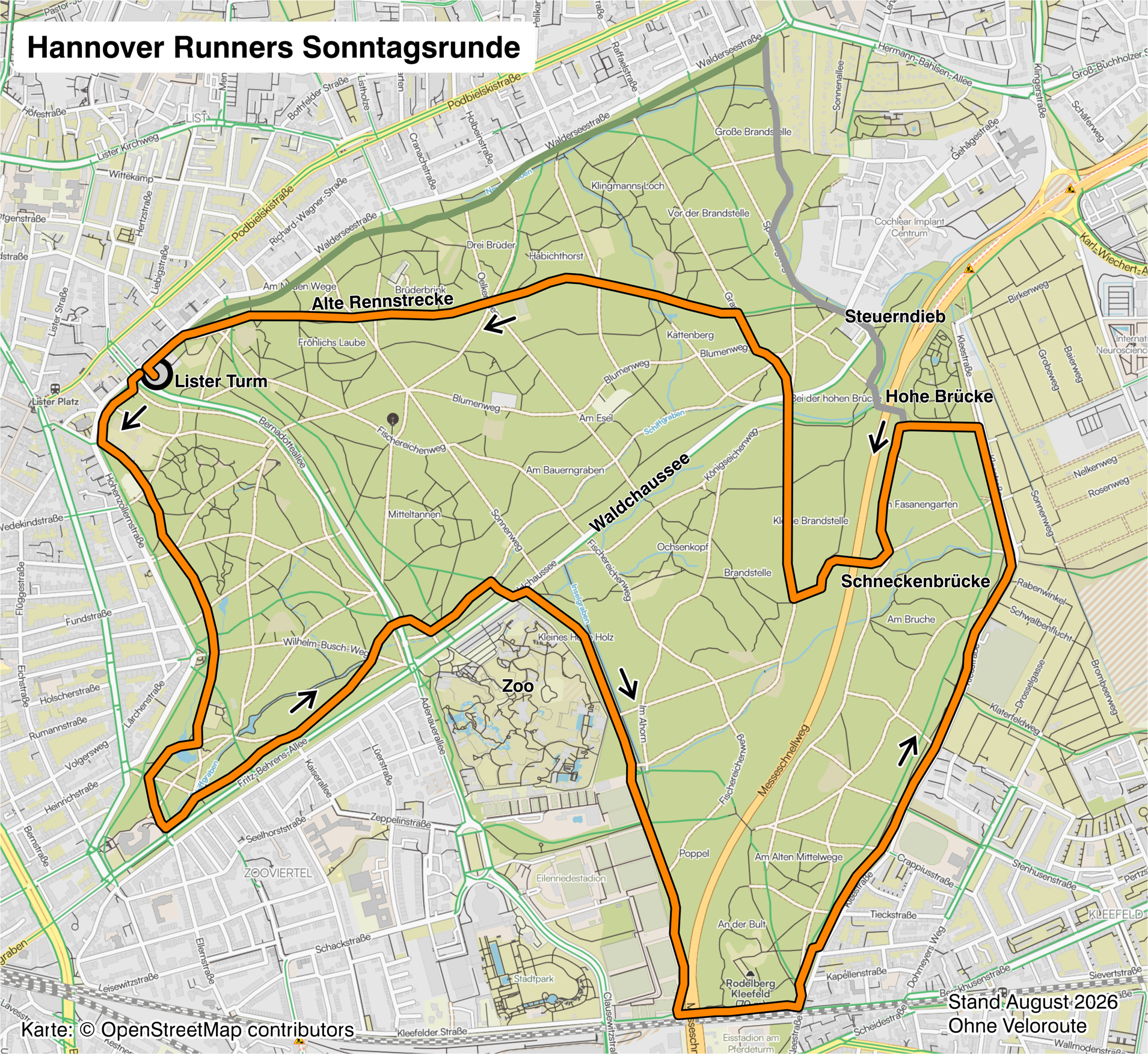 Route für den Sonntags-Lauftreff