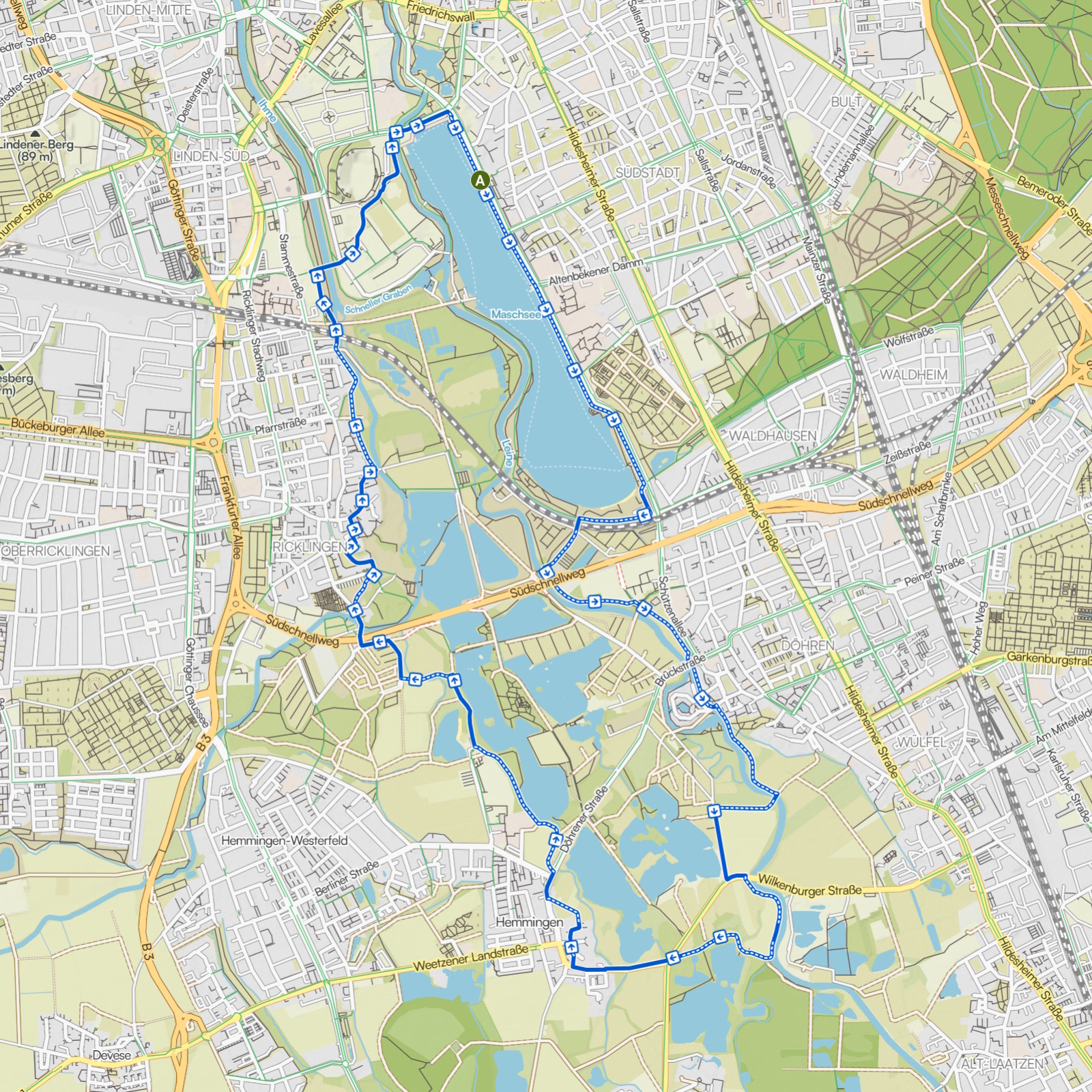 Route für den Maschsee-Extended-Lauftreff um den Maschsee und umliegende Teiche südlich des Sees