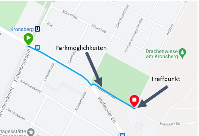 Eine Karte der Route von der U-Bahn-Station Kronsberg zum Treffpunkt des Lauftreffs und zu den Parkmöglichkeiten