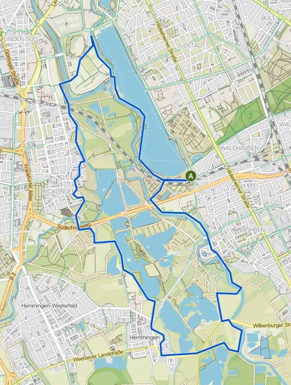 Route für das Maschsee-Extended-Lauftreff um den Maschsee und umliegende Teiche südlich des Sees